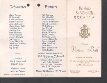 Document - R.S.L. BENDIGO COLLECTION: ANNUAL VICTORY BALL 1952, 12th August, 1952