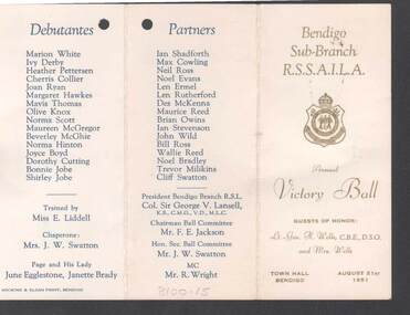 Document - R.S.L. BENDIGO COLLECTION: ANNUAL VICTORY BALL 1951, 21st August, 1951