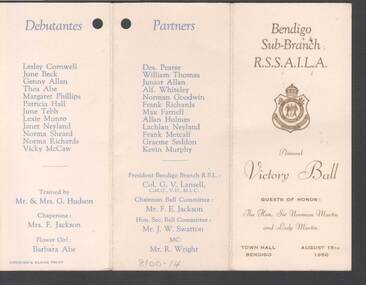 Document - R.S.L. BENDIGO COLLECTION: ANNUAL VICTORY BALL 1950, 15th August, 1950