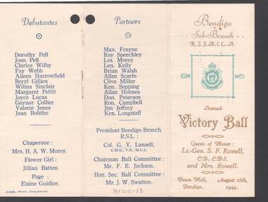 Document - R.S.L. BENDIGO COLLECTION: ANNUAL VICTORY BALL 1949, 16th August, 1949