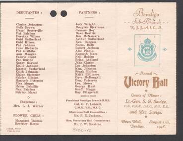 Document - R.S.L. BENDIGO COLLECTION: ANNUAL VICTORY BALL 1948, 17th August, 1948