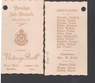 Document - R.S.L. BENDIGO COLLECTION:  SOUVENIR PROGRAMME ANNUAL BALL 1947, 12th August, 1947