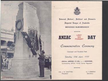 Document - R.S.L. BENDIGO COLLECTION: ANZAC DAY COMMEMORATION CEREMONY 1959, 25th April, 1959
