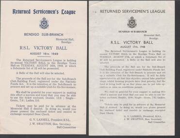 Document - R.S.L. BENDIGO COLLECTION: R.S.L.VICTORY BALL 1948 & 1949, 16th and17th August