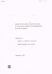 Document - MERLE HALL COLLECTION: CAPITAL THEATRE  CONSIDERATION AS ARTS COMPLEX (PREPARED  HERRIOT & SHEEAN)