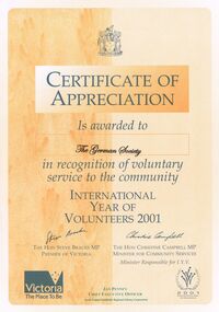 Document - GERMAN HERITAGE SOCIETY COLLECTION: CERTIFICATE OF APPRECIATION