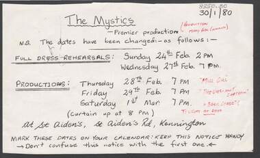 Document - MERLE HALL COLLECTION: BENDIGO PERFORMANCE OF ''THE MYSTICS''