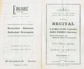 Document - RECITAL BY LAURIS ELMS, JOHN PROBYN, GWEN HALSTEAD, AND PHYLLIS AT CITY HALL BENDIGO