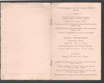Document - JOHN JONES COLLECTION: ST PAUL'S CRICKET CLUB ANNUAL BANQUET CARD, Wednesday 27th August