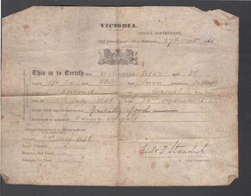 Document - JOHN JONES COLLECTION: WILLIAM KERR - DISCHARGE CERTIFICATE FROM VICTORIA POLICE, 27th September, 1861
