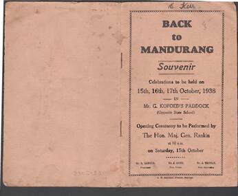 Book - JOHN JONES COLLECTION: BACK TO MANDURANG SOUVENIR 1938, October 15th 1938