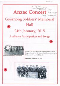 Document - ANZAC COLLECTION:  PROGRAM ANZAC CONCERT GOORNONG SOLCIERS' MEMORIAL HALL, 24TH. JANUARY 2015, 24th January, 2015