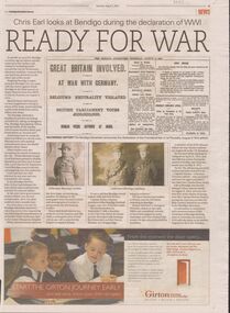 Newspaper - ANZAC COLLECTION:  BENDIGO ADVERTISER AUGUST 2, 2014, 6th August, 2014