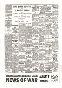 Newspaper - ANZAC COLLECTION:  COPY BENDIGO ADVERTISER AUGUST 6, 1914, 6th August, 1914