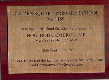 Plaque - GOLDEN SQUARE PRIMARY SCHOOL COLLECTION: BRASS PLAQUE UPGRADED FACILITIES 2002, 20th September, 2002