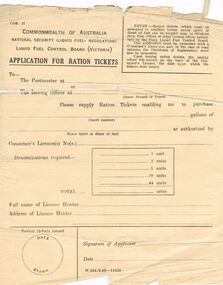 Document - RANDALL COLLECTION: COMMONWEALTH OF AUSTRALIA- APPLICATION FOR RATION TICKETS