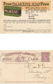 Postcard - RANDALL COLLECTION: FREE PALMOLIVE SOAP FROM W. JEFFREY, GROCER, BENDIGO