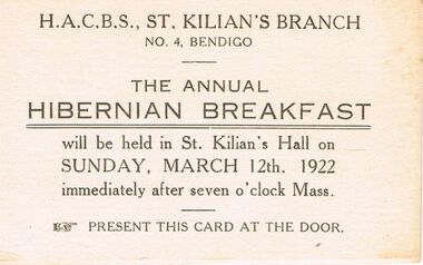 Document - RANDALL COLLECTION: THE ANNUAL HIBERNIAN BREAKFAST, 12 March 1922