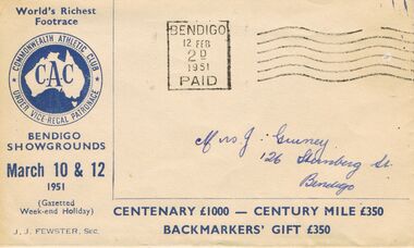 Document - RANDALL COLLECTION: MRS J. GUINEY, 126 STERNBERG STREET, BENDIGO, 12 Feb 1951