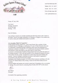 Document - GOLDEN SQUARE LAUREL STREET P.S. COLLECTION: LETTER TO BENDIGO ADVERTISER
