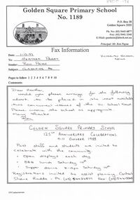 Document - GOLDEN SQUARE LAUREL STREET P.S. COLLECTION: FAXES RE 125TH ANNIVERSARY