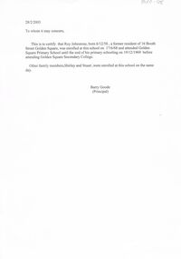 Document - GOLDEN SQUARE LAUREL STREET P.S. COLLECTION: LETTER RE ROY JOHNSTONE