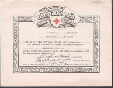 Document - W.D.MASON COLLECTION: AUSTRALIAN REDCROSS CERTIFICATE, 22 March 1944