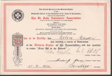 Document - W.D.MASON COLLECTION: ST JOHN AMBULANCE CERTIFICATE, 21 September 1944