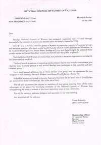 Document - NATIONAL COUNCIL OF WOMEN OF VICTORIA BENDIGO BRANCH COLLECTION: LETTER