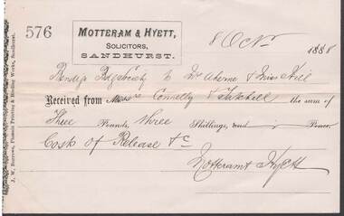 Document - CONNELLY, TATCHELL, DUNLOP COLLECTION:  MOTTERAM & HYETT RECEIPT