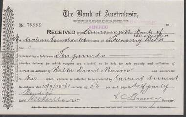 Document - W.D.MASON COLLECTION: RECEIPT FROM THE BANK OF AUSTRALASIA, 6 April 1945