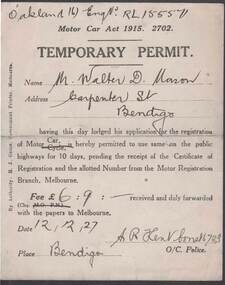 Document - W.D.MASON COLLECTION: TEMPORARY PERMIT, 12/12/27