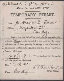 Document - W.D.MASON COLLECTION: TEMPORARY PERMIT, 12/12/27
