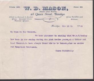 Document - W.D.MASON COLLECTION: REFERENCE, 25 Nov.1933