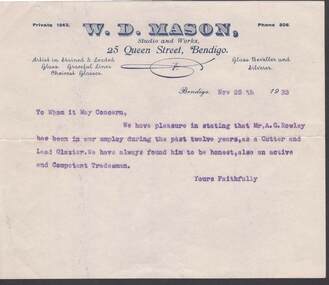 Document - W.D.MASON COLLECTION: REFERENCE, 25 Nov.1933