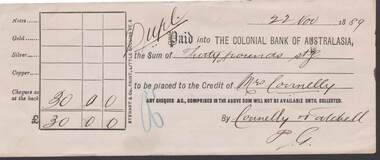 Document - CONNELLY, TATCHELL, DUNLOP COLLECTION:  RECEIPT COLONIAL BANK OF AUSTRALASIA