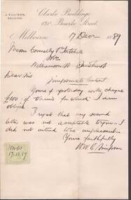 Document - CONNELLY, TATCHELL, DUNLOP COLLECTION:  LETTER J. ELLISON, SOLICITOR, BOURKE STREET, MELBOURNE