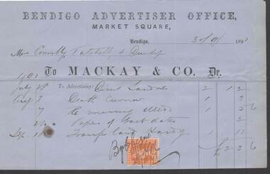 Document - CONNELLY, TATCHELL, DUNLOP COLLECTION:  ACCOUNT BENDIGO ADVERTISER OFFICE