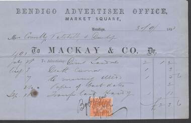 Document - CONNELLY, TATCHELL, DUNLOP COLLECTION:  ACCOUNT BENDIGO ADVERTISER OFFICE