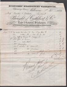 Document - CONNELLY, TATCHELL, DUNLOP COLLECTION:  ACCOUNT ECONOMIC STATIONERY WAREHOUSE MELBOURNE