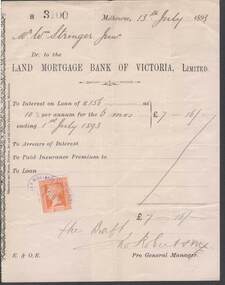 Document - CONNELLY, TATCHELL, DUNLOP COLLECTION:  LOAN INTEREST LAND MORTGAGE BANK OF VICTORIA