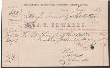 Document - CONNELLY, TATCHELL, DUNLOP COLLECTION: INVOICE J.G.EDWARDS, THE BENDIGO INDEPENDENT