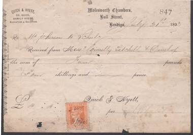 Document - CONNELLY, TATCHELL, DUNLOP COLLECTION:  RECEIPT FROM QUICK & HYETT