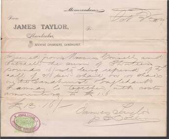 Document - CONNELLY, TATCHELL, DUNLOP COLLECTION:  JAMES TAYLOR SHAREBROKER MEMO 1889