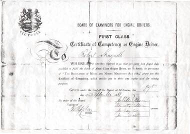 Document - STRUGNELL COLLECTION: CERTIFICATE OF COMPETENCY AS ENGINE DRIVER, 27-9-1888