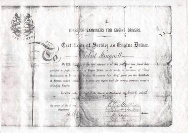 Document - STRUGNELL COLLECTION: CERTIFICATE OF SERVICE AS ENGINE DRIVER, 26=11-1884
