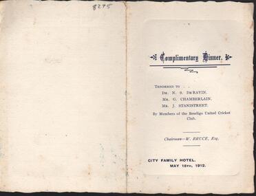 Ephemera - BENDIGO UNITED CRICKET CLUB DINNER INVITATION