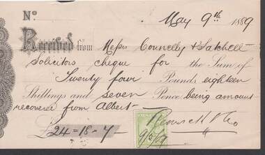 Document - CONNELLY, TATCHELL, DUNLOP COLLECTION: RECEIPTS MAY 1889