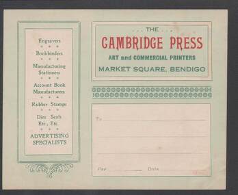 Document - CAMBRIDGE PRESS COLLECTION: LABEL - CAMBRIDGE PRESS, MARKET SQUARE, BENDIGO