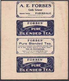 Document - CAMBRIDGE PRESS COLLECTION: LABEL - A. E. FORBES PURE BLENDED TEA